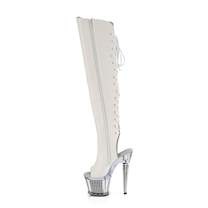 Pleaser  Boots SPECTATOR-3019 Wht Faux Leather/Clr-Slv Chrome