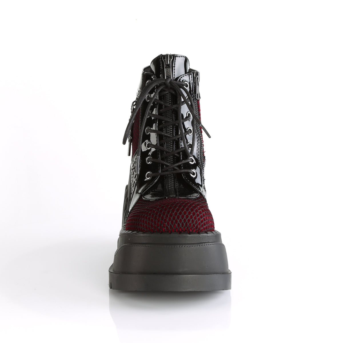 DemoniaCult Womens Ankle Boots STOMP-18 Blk Pat-Burgundy Velvet
