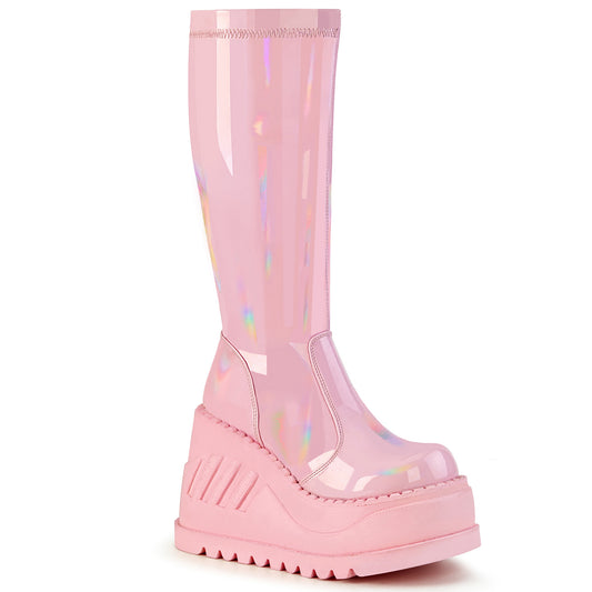 DemoniaCult Women's Mid-Calf & Knee High Boots STOMP-200 B. Pink Hologram Stretch Patent