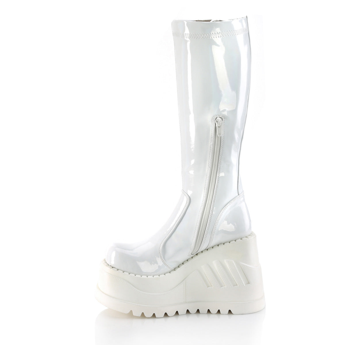 DemoniaCult Womens Boots STOMP-200 Wht Hologram Stretch Patent