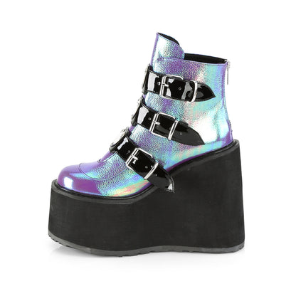 DemoniaCult Botas de tobillo para mujeres SWING-105 cuero vegano iridiscente morado