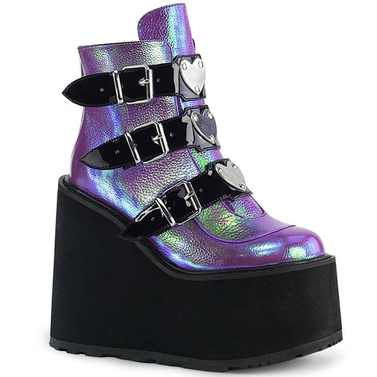 DemoniaCult Botas de tobillo para mujeres SWING-105 cuero vegano iridiscente morado