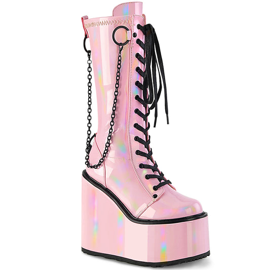 DemoniaCult  Botas SWING-150 B. Pat estiramiento holográfico rosa