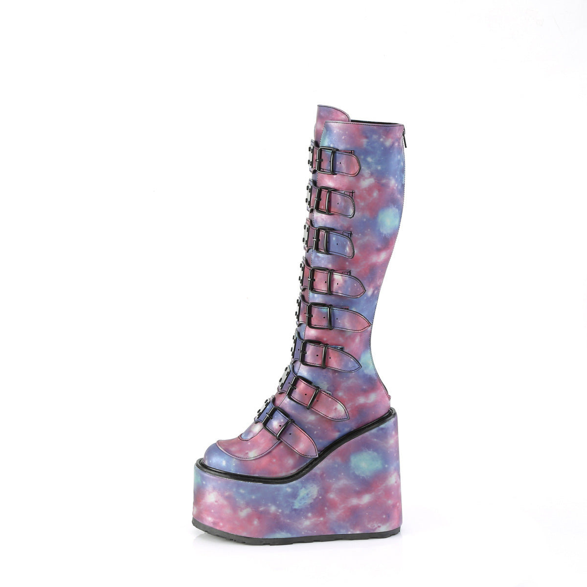 DemoniaCult  Botas SWING-815 cuero vegano reflectante azul púrpura