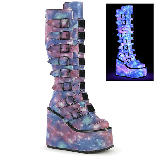 DemoniaCult  Botas SWING-815 cuero vegano reflectante azul púrpura