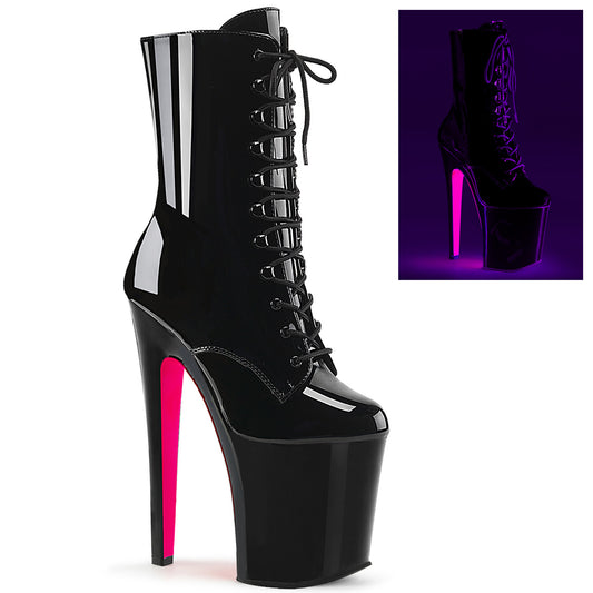 Pleaser Womens Ankle Boots XTREME-1020TT Blk Pat/Blk-Neon H. Pink